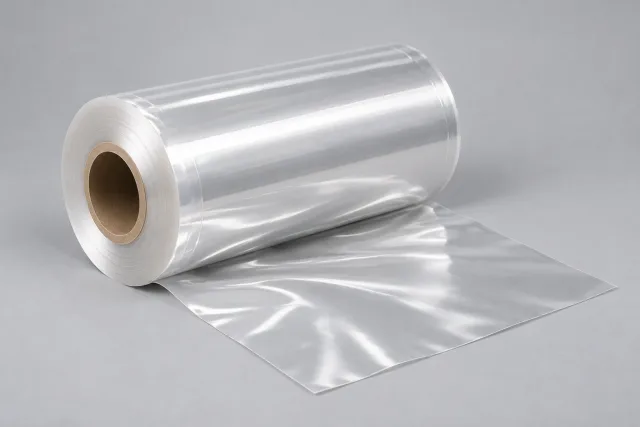Breite transparente Folienrolle mit sichtbarem Pappkern und zusammenhängender abgelegter Bahn.
