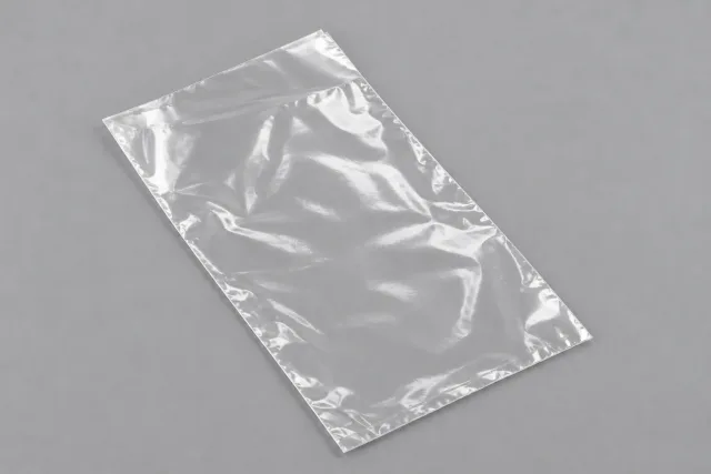 Leerer transparenter Flachbeutel, diagonal auf hellgrauem Grund ausgebreitet.