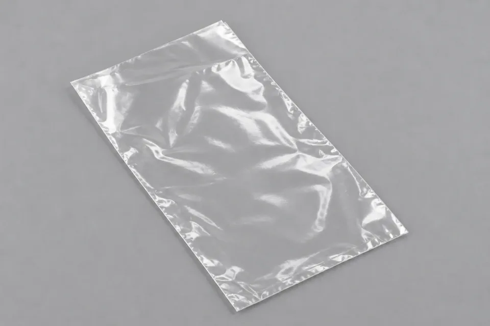 Leerer transparenter Flachbeutel mit gerader offener Mündung und schmalem Bodenabschluss.