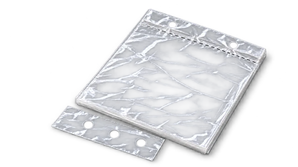 Flacher transparenter Beutelblock mit Kopfbereich neben einer Folienprobe mit runden Öffnungen.