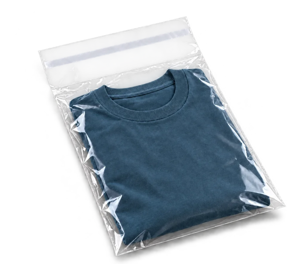 Gefaltetes blaugraues T-Shirt in einem klaren, flachliegenden Klappenbeutel mit ausgelegter Verschlussklappe und weißem Abdeckstreifen.