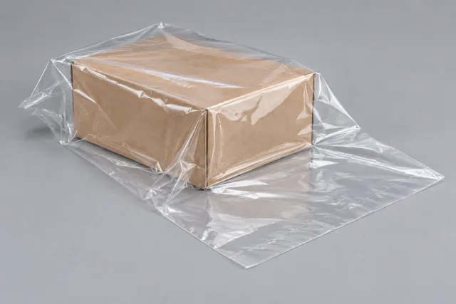 Unbedruckter brauner Karton liegt in loser transparenter Folie.