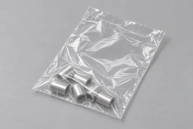 Sechs Metallhülsen liegen im unteren Bereich eines klaren Flachbeutels; die Frontfolie verläuft sichtbar über den Teilen.