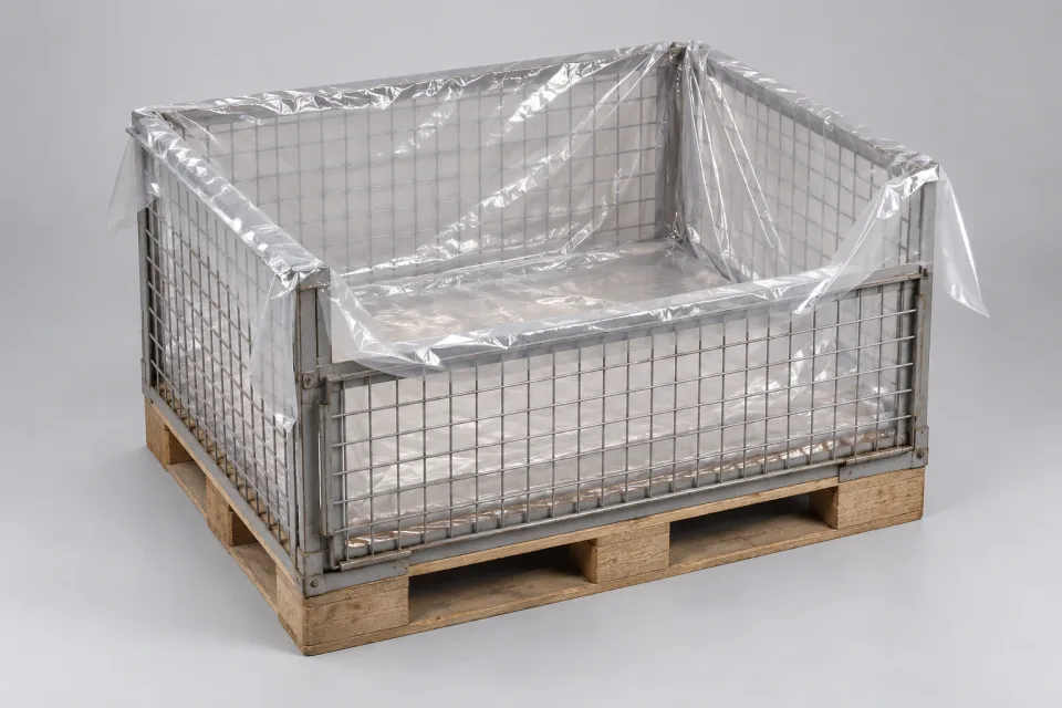 Großer klarer Foliensack kleidet eine graue Gitterbox auf einer Holzpalette aus; sein Rand ist locker nach außen gelegt.
