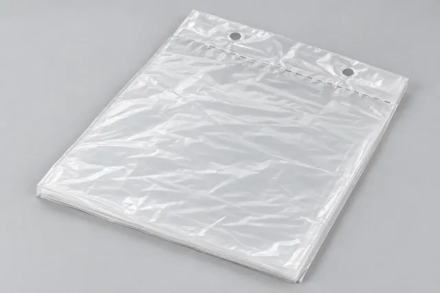 Flacher transparenter Beutelstapel mit zwei Kopflöchern und intakter Abreißperforation unter dem Kopfstreifen.