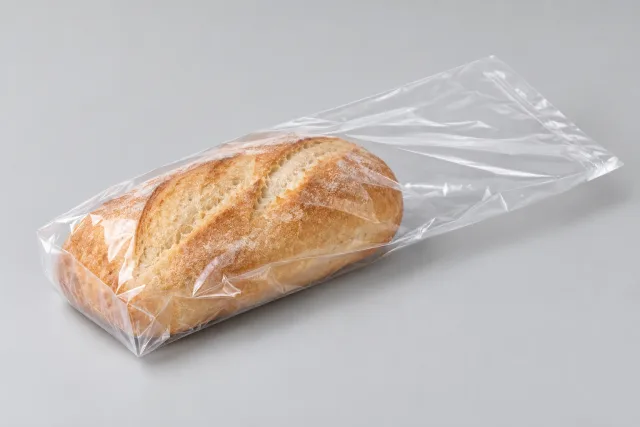Ein Brot liegt locker in einem klaren Beutel, dessen kurzer Bodenbereich durch die Füllung aufgeweitet ist.